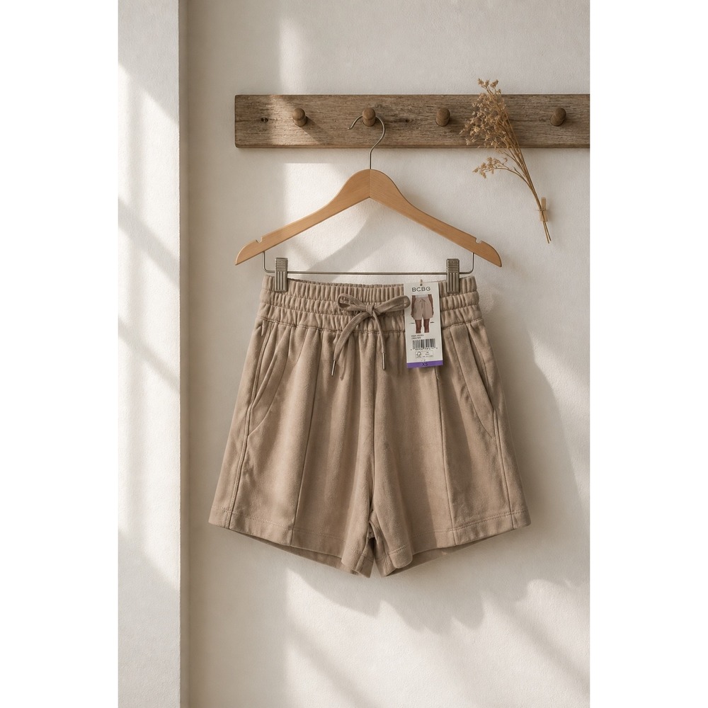 BCBG XS Lounge Shorts Womens Tan High Waist Drawstring Athleisure 1957935